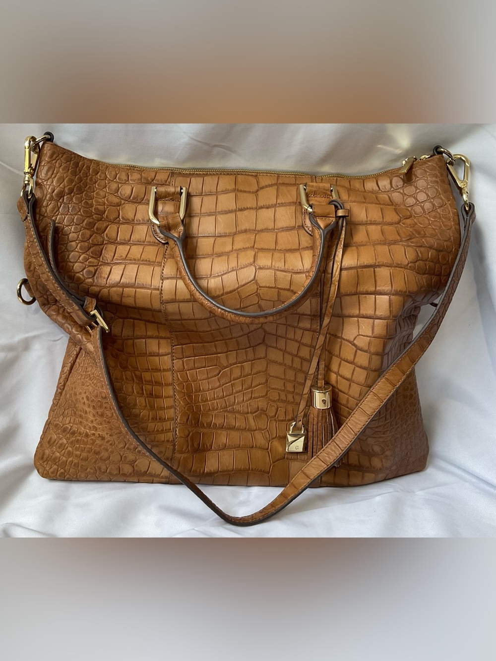 G.I.L.I. Croc-Embossed Leather Satchel in Cognac